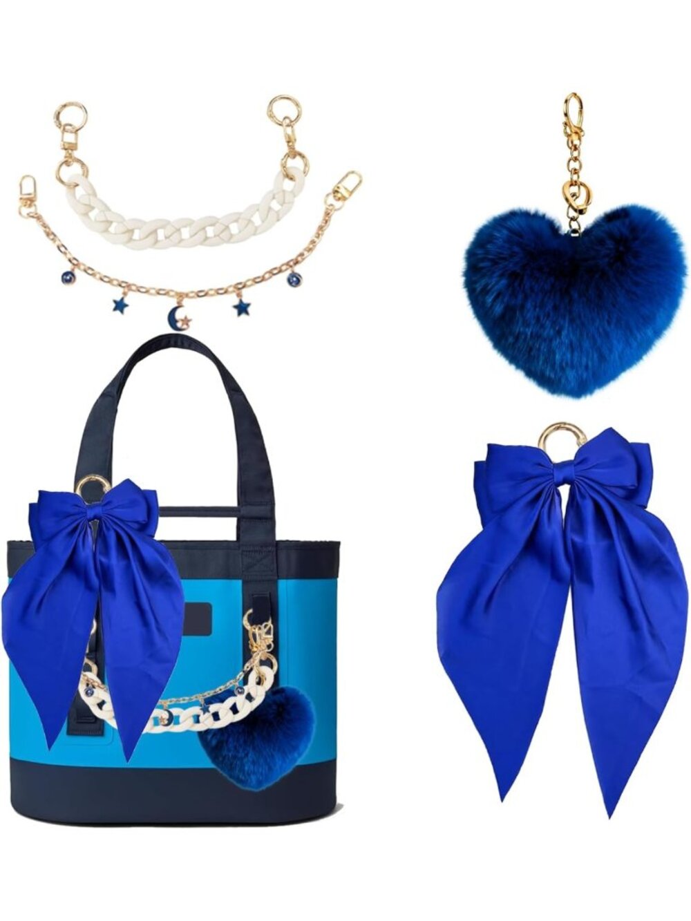 Satin Bow Keychain & Fluffy Ball Bag Charms for Tote Bags & Handbags